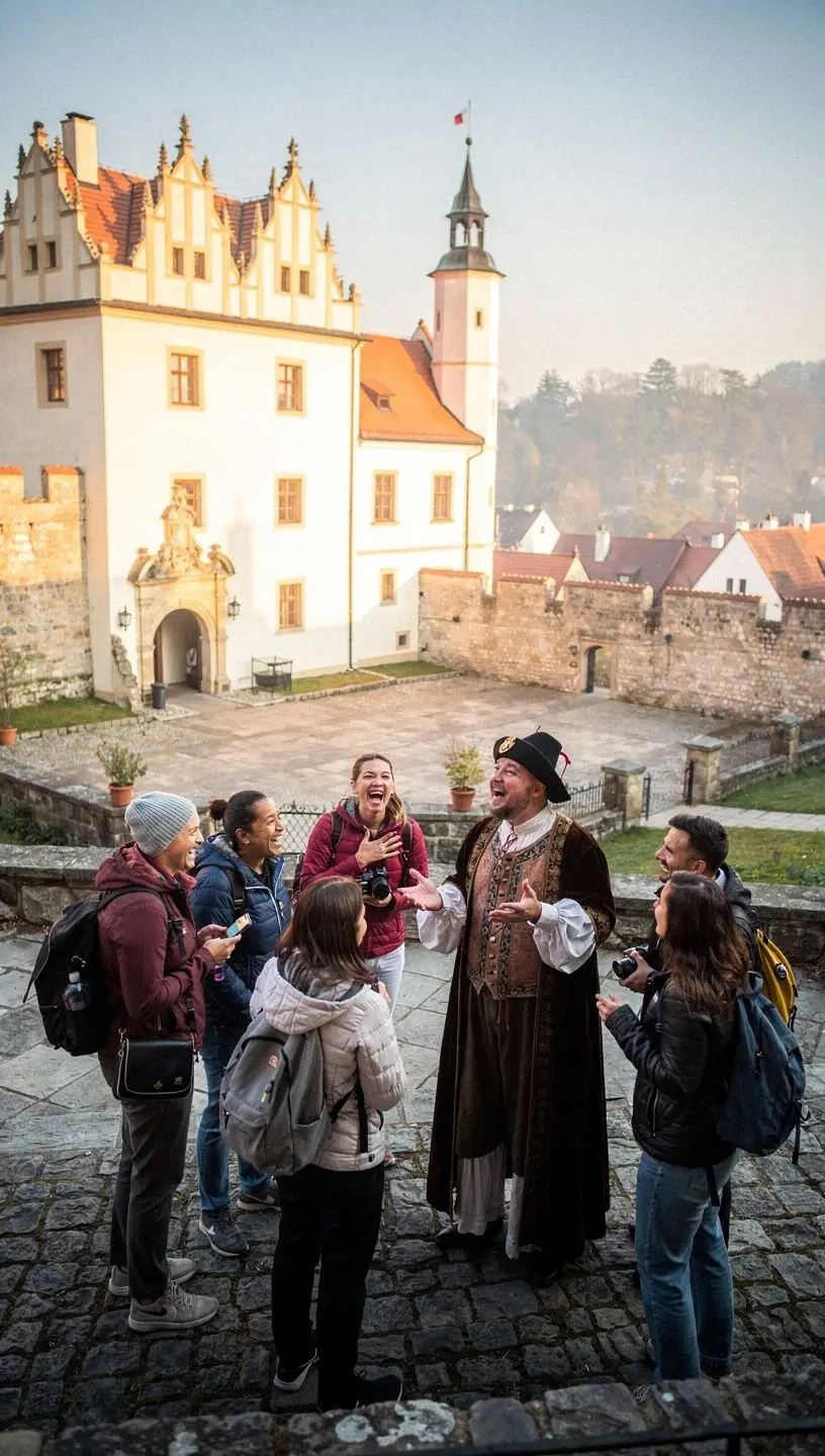 Turisté procházejí úzkými uličkami starobylého města, obklopeni historickými památkami.